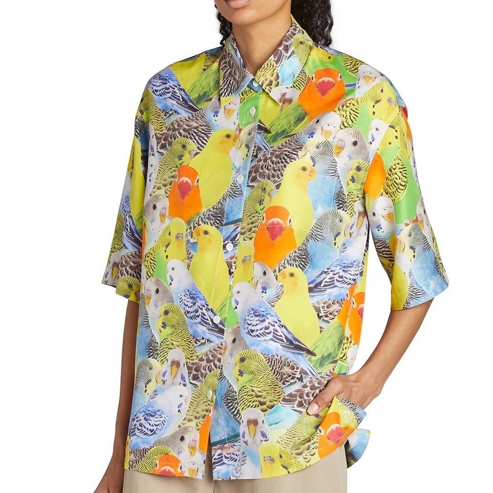 Loewe Parrots-Print Silk Collared Shirt Multicolor Short Sleeve Button Down 32